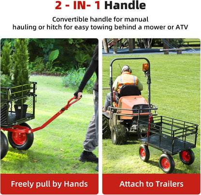 GarveeLife Steel Garden Cart 1400 LBS Capacity, Heavy Duty Steel Utility Wagon with Removable Sides, 2 in-1 Handle and 16 in Tires, Utility Metal Wagon Perfect for Garden, Farm, Yard