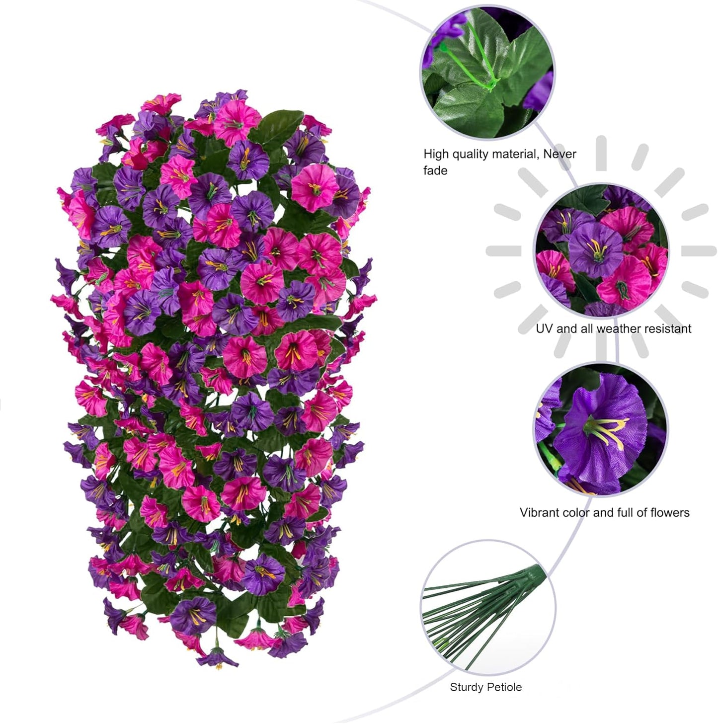 HyeFlora Artificial Fake Hanging Flowers Plants for Outdoor Outside, 2PCS Faux Silk Morning Glory Trailing Vines UV Resistant Look Real for Home Planter Porch Patio (Dark Purple and Fuchsia)