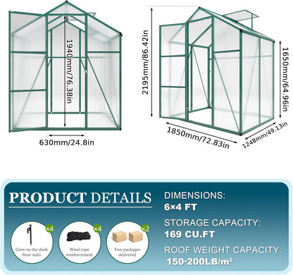 6*4.2*7.2FT Greenhouse for Outdoors, Polycarbonate Greenhouse with Stronger Wind Protection and Roof Vent, Walk-in Large Aluminum Sunroom Winter Proof, Green