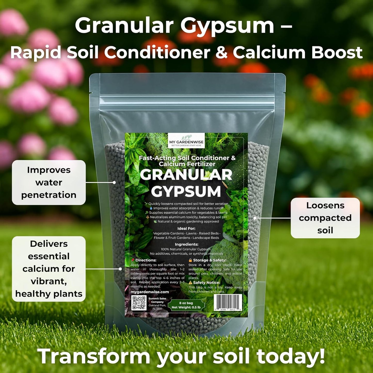 Gypsum for Soil - Calcium for Plants - Gypsum Fertilizer for Gardening, Lawn & Vegetables - Calcium for Garden (4 qts. - 8 lbs.)
