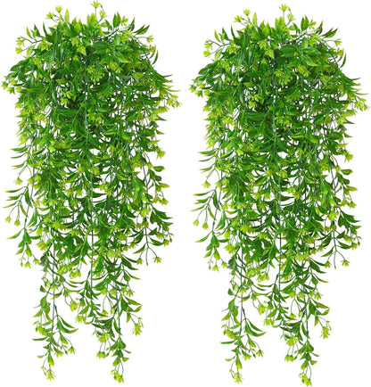 TOCHGREEN 4Pcs Artificial Hanging Plants Fern Vine, Faux Plastic Plants Fake Ivy Vine Greenery Garland with Green Flower, Outdoor Indoor Decorations for Living Room Garden Wall Home Decor (Green)