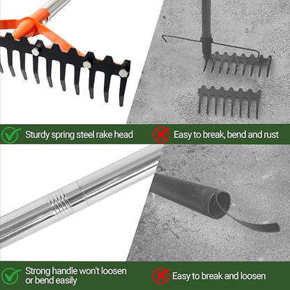 Garden Rake 17 Tempered Spring Steel Tines Heavy Duty Rake for Lawns Bow Rakes Metal Rakes with 62 Inch Stainless Steel Adjustable Long Handle for Loosening Soil Yard Work