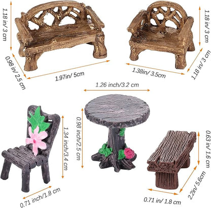 Skylety 12 Pieces Garden Furniture Ornaments Miniature Table and Chairs Set Village Micro Resin Bench Chair for Dollhouse Accessories Home Micro Landscape (Cute Style)