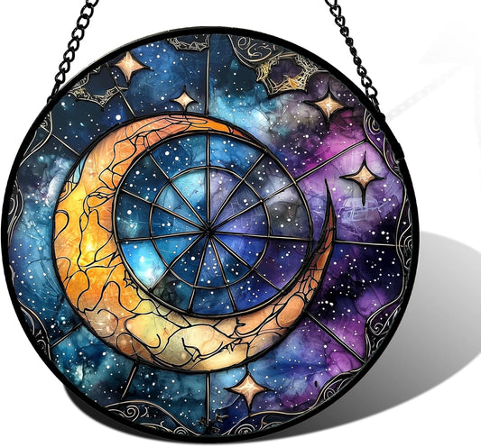 Stained Glass Window Hanging, Blue Starry Sky Moon Astrolabe Suncatcher for Doors Home Sun Catchers