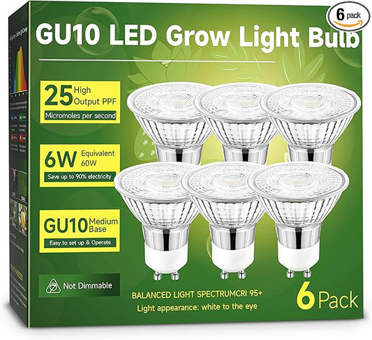 6W LED GU10 Grow Light Bulb, Natural White 4000K Full Spectrum Plant Light for Indoor Plants, E26 Base, 6 Pack
