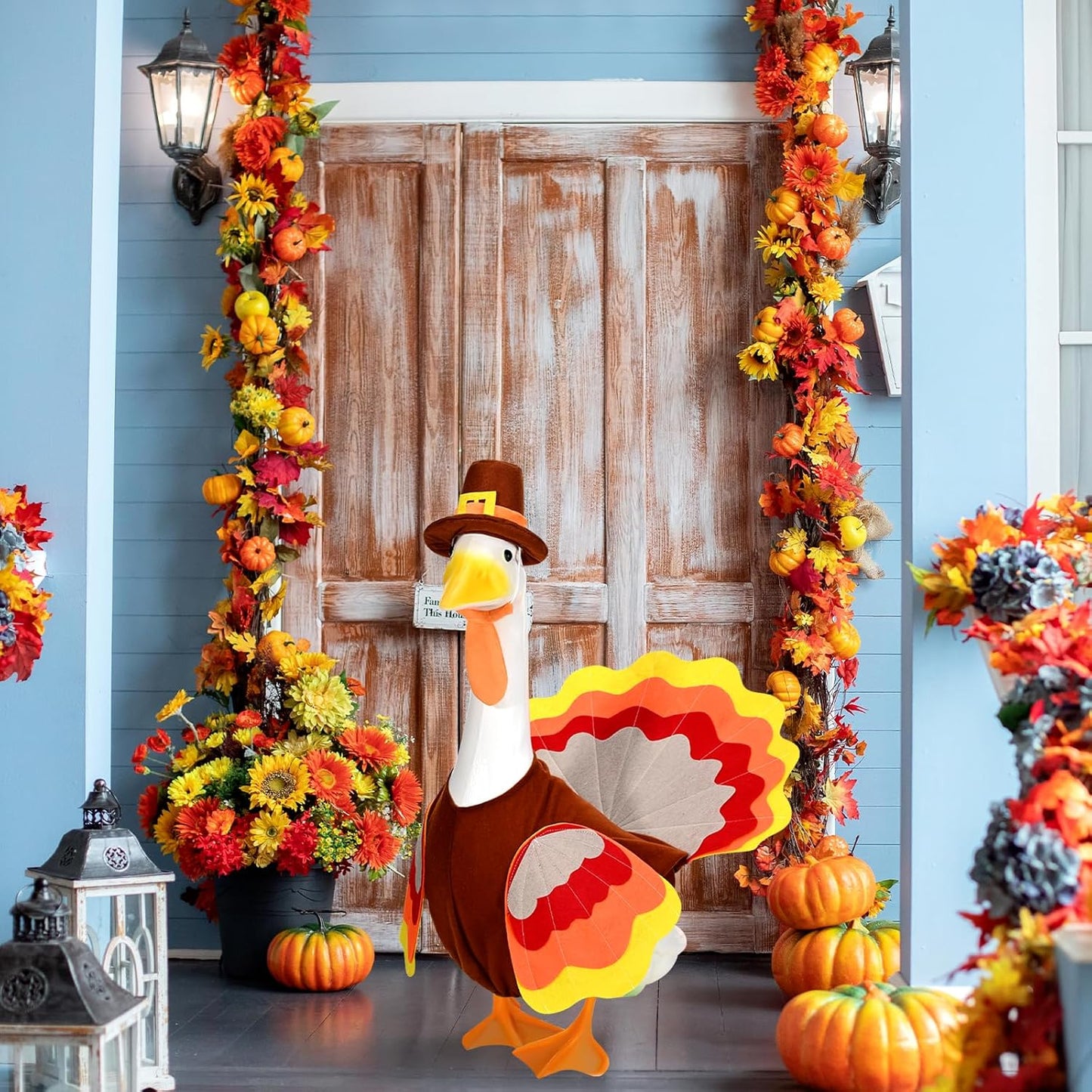 Thanksgiving Turkey Porch Goose Outfits Fall Lawn Goose Clothes, Fits 23" Cement Plastic Goose Statue for Autumn Outdoor Garden Yard Patio Statue Art Decoration