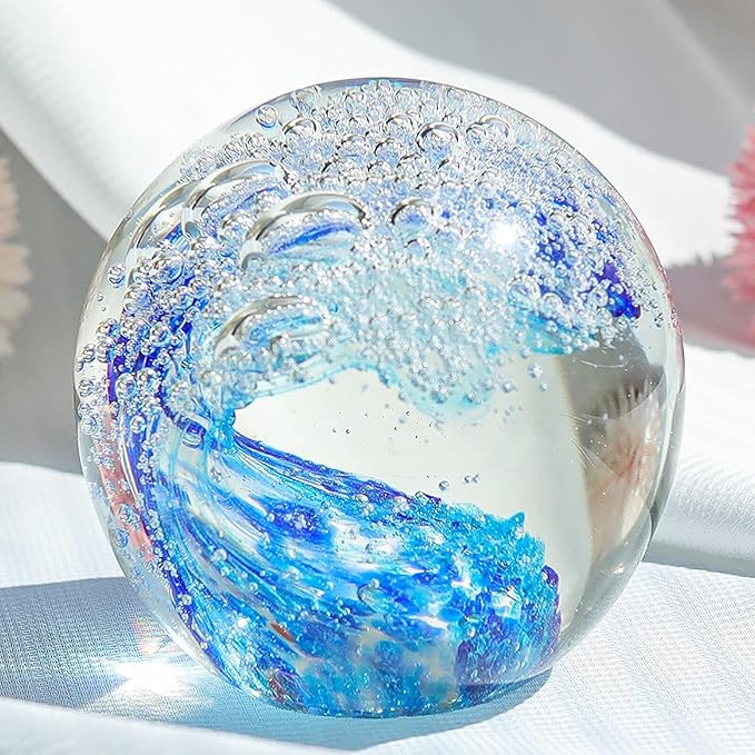 Decorative Crystal Ball Figurines Ocean Waves Paperweight Blown Glass Decor Sea Art Ocean Lovers Gift Blue 3.15"