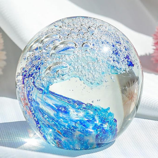 Decorative Crystal Ball Figurines Ocean Waves Paperweight Blown Glass Decor Sea Art Ocean Lovers Gift Blue 3.15"