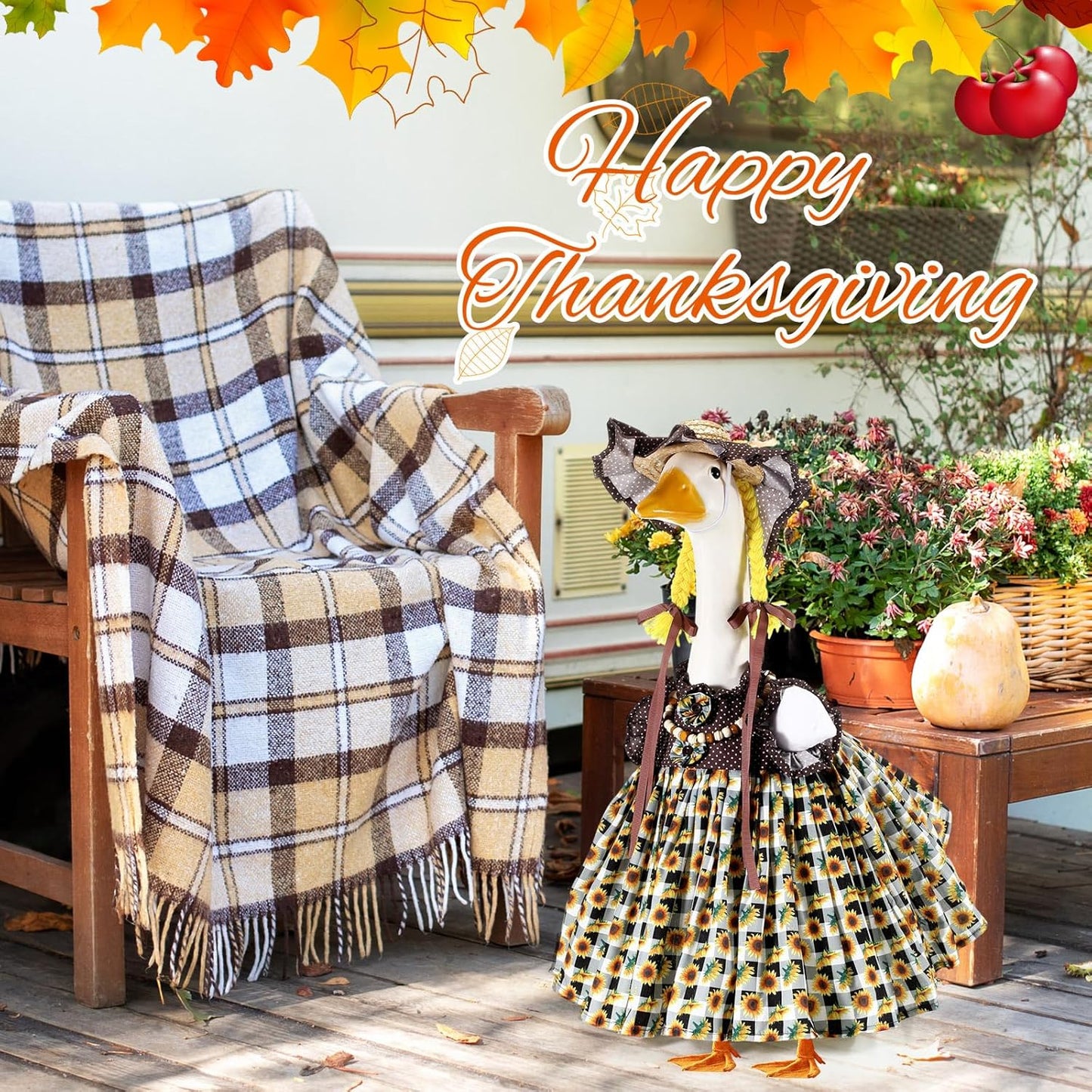 Fall Thanksgiving Goose Outfit Sunflower Porch Goose Costume with Hat Necklace for 23 Autumn Patio Yard Lawn Decor(Plaid Sunflower)