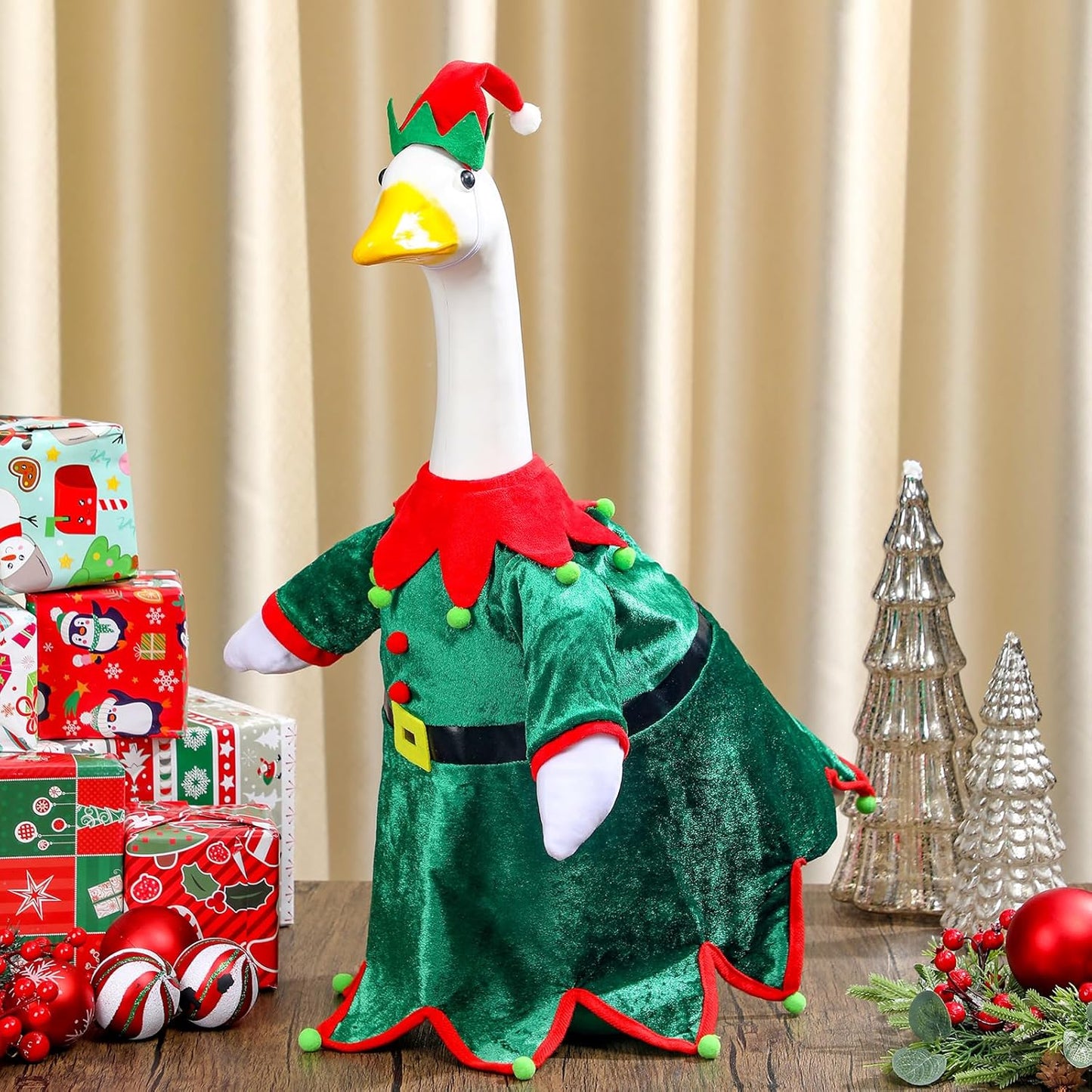 Christmas Goose Outfit Clothes for 23" High Cement or Plastic Goose Elf Red Green Costume Porch Garden Costume for Yard Outdoor Patio Xmas Holiday Decor