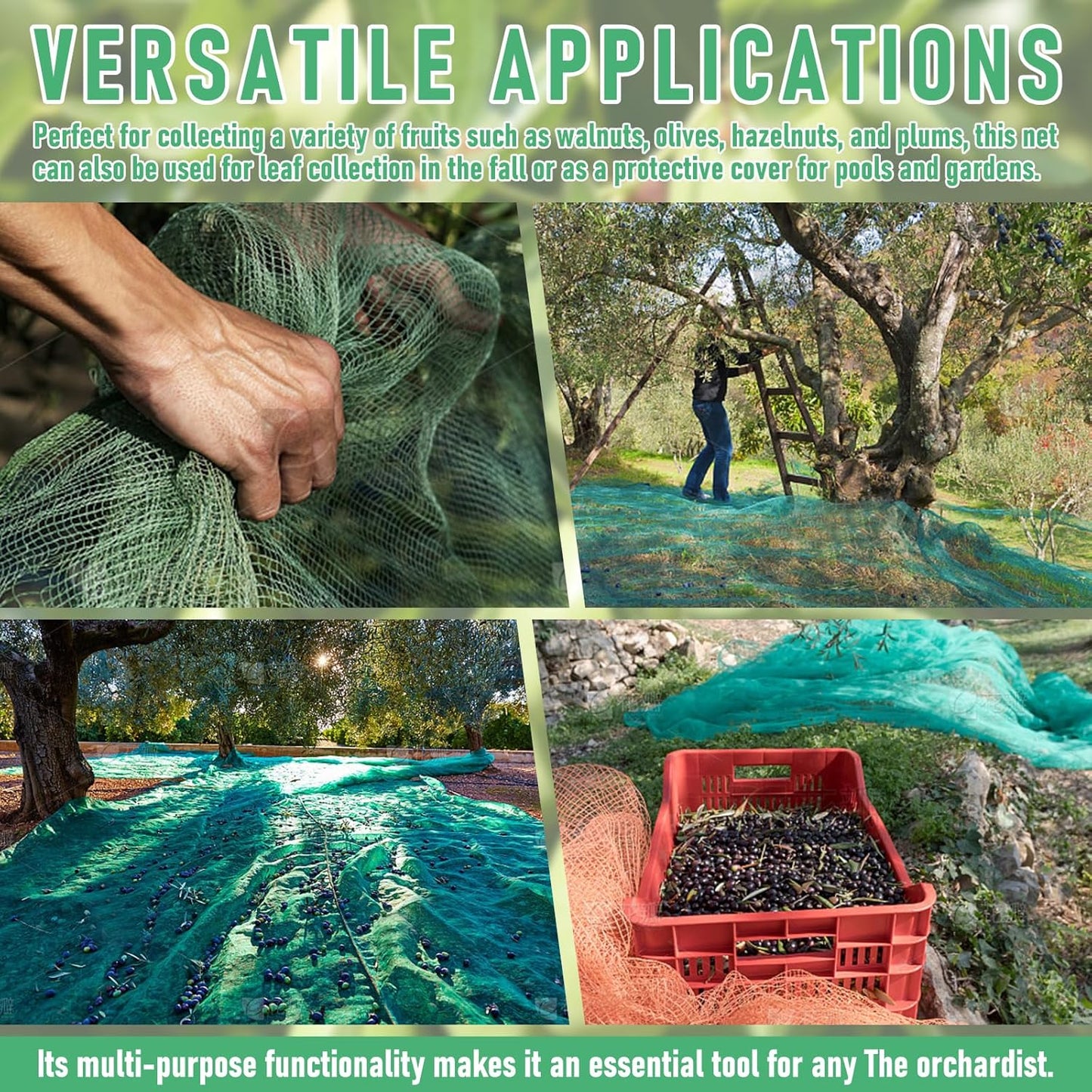 Fruit Collector Harvesting Net - 26.2 x13.1 ft Green Agricultural Harvest Netting for Walnut, Olive, Chestnut, Plum, and Hazelnut - Easy Picking & Reusable Collection Net (8x4m)
