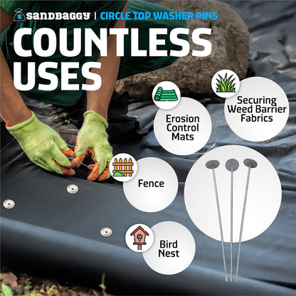 Sandbaggy 12-inch Circle Top Pins - Landscape Staples (Made in The USA) - Garden Stakes for Landscaping, SOD, Weed Barrier Fabric - Heavy Duty Ground Stakes, Lawn Turf Spikes, Decorations (100 Pins)