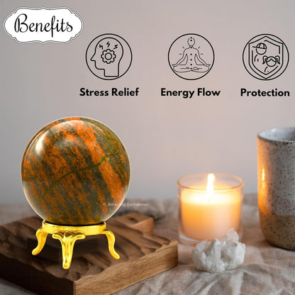 Amazing Gemstone Unakite Crystal Ball with Stand - 2 Inches Crystal Sphere Meditation Balls for Witchcraft and Decorative Balls
