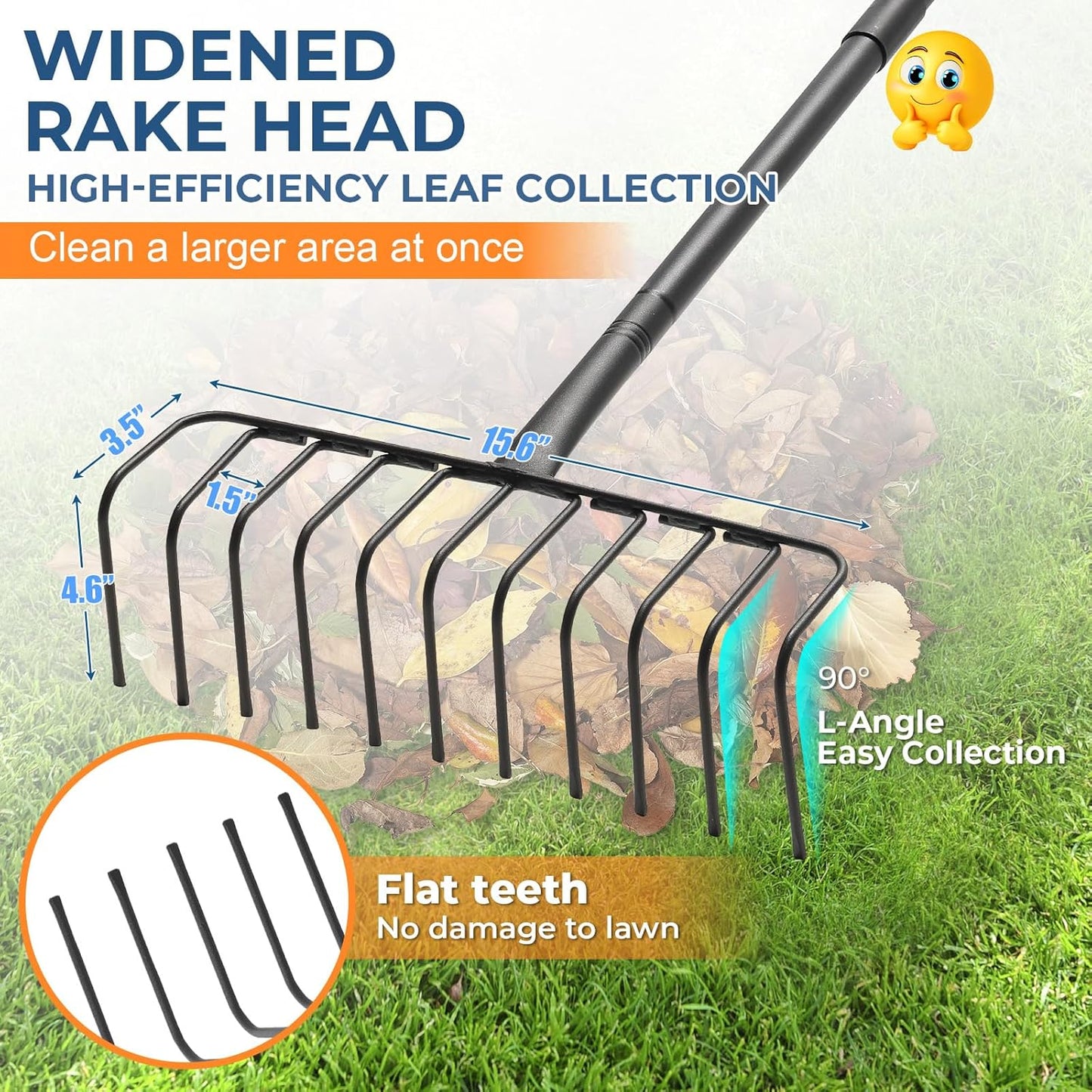 85" Adjustable Rake with 16" Wide Lightweight L-Shaped Head - No-Bend Gardening Tool for Hay, Leaves, and Mulch - Comfortable Metal Rake to Prevent Back Pain