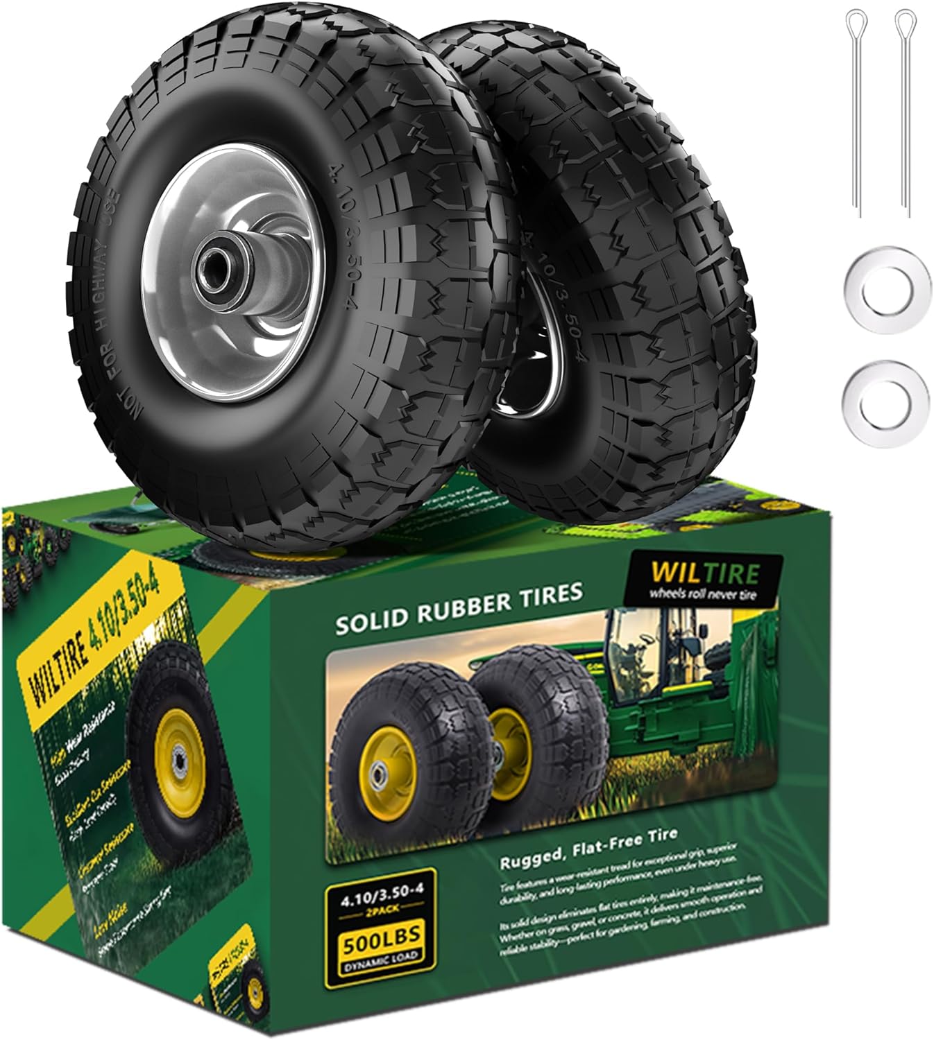 (2 Pack) 4.10/3.50-4 Flat Free Tire and Wheel 10-Inch Solid Wheel Replacement with 5/8 Bearings,2.2" Offset Hub -Compatible with Hand Truck,Wheelbarrow(Gray)