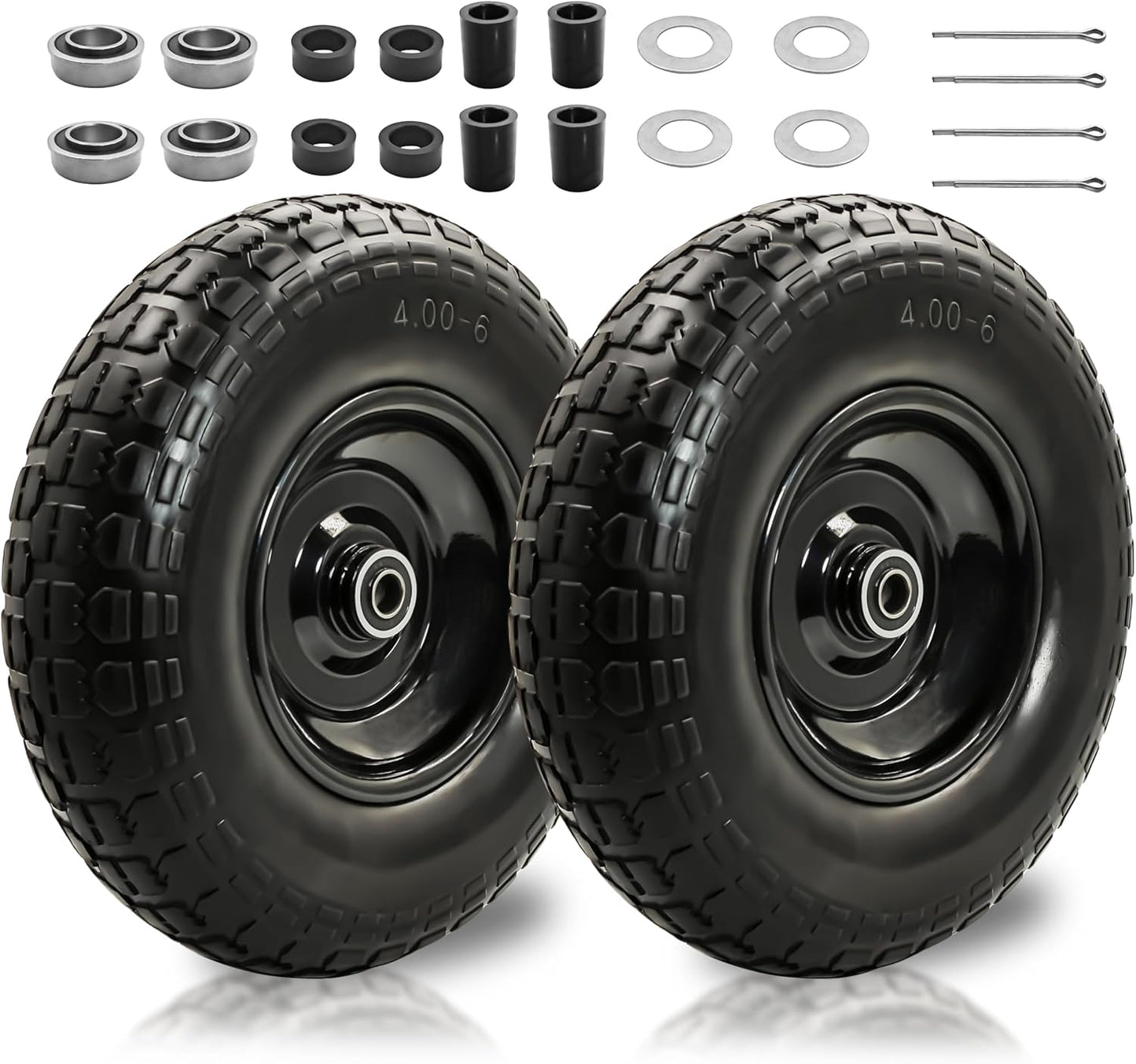 2PC 4.00-6 Flat-Free Tires and Wheels,13" Rubber Solid Tire, with 5/8" & 3/4" Bearing, 1.8"-5.8" Centered Hub Length, 4.00-6 tire and wheel Fit for Gorilla Cart, Garden Cart/Hand Truck/Wheelbarrowetc.