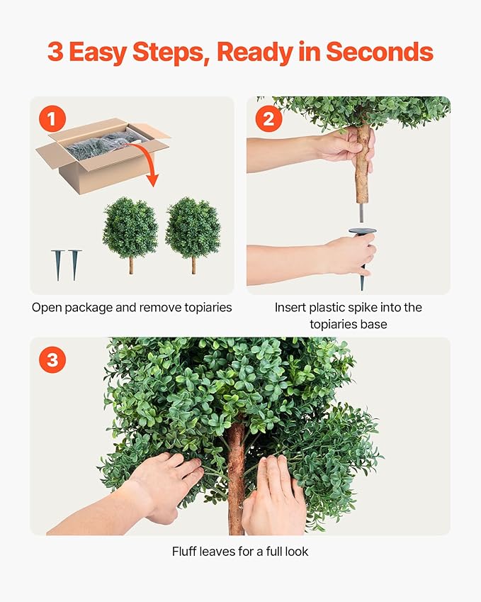 VEVOR Artificial Topiary Boxwood Trees with Ground Spike, 27 inch 2 Set Faux Shrubs & Bushes Potted Plants, Fake Silk Tree Look Real for Decor Front Porch Outdoor Indoor Patio Garden Balcony Backyard