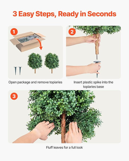 VEVOR Artificial Topiary Boxwood Trees with Ground Spike, 27 inch 2 Set Faux Shrubs & Bushes Potted Plants, Fake Silk Tree Look Real for Decor Front Porch Outdoor Indoor Patio Garden Balcony Backyard
