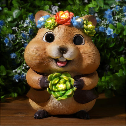Solar Garden Decor Outdoor Statues Hamster with Succulent and LED Lights Birthday Gifts for Women Mom Grandma Outside Decorations for Lawn, Porch, Yard, Patio, Balcony