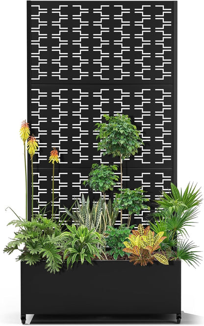15.7"×70.9"×35.4" Metal Raised Garden Bed with Trellis and Wheels - Tall Trellis Planter Box for Climbing Plants, Vegetables & Vines - Outdoor Privacy Planters for Patio (Black-Brick)