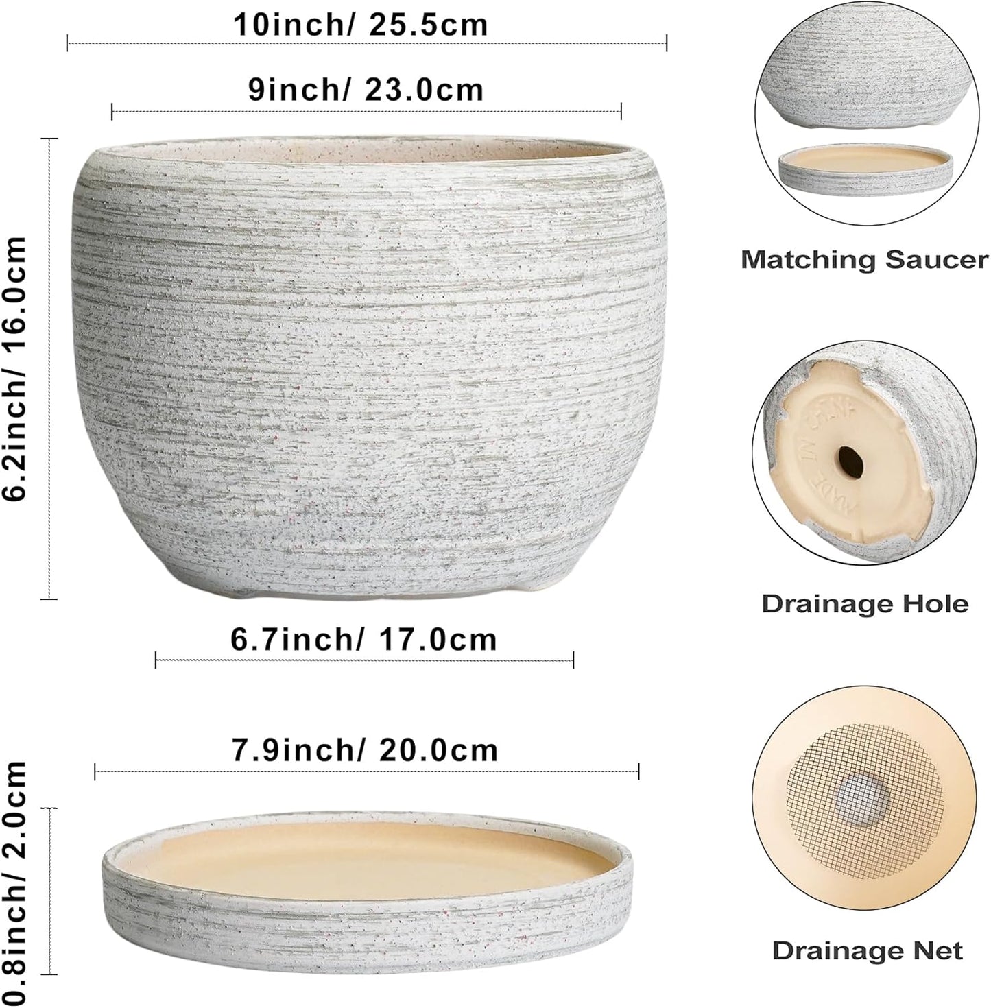 SQOWL Ceramic Flower Pots - 10 Inch Plant Pot Indoor with Drainage Hole and Saucer, Modern Ceramic Planter Outdoor, Decorative Large Round Planter, Bedroom Decor, Plant Lovers Gifts, Gray