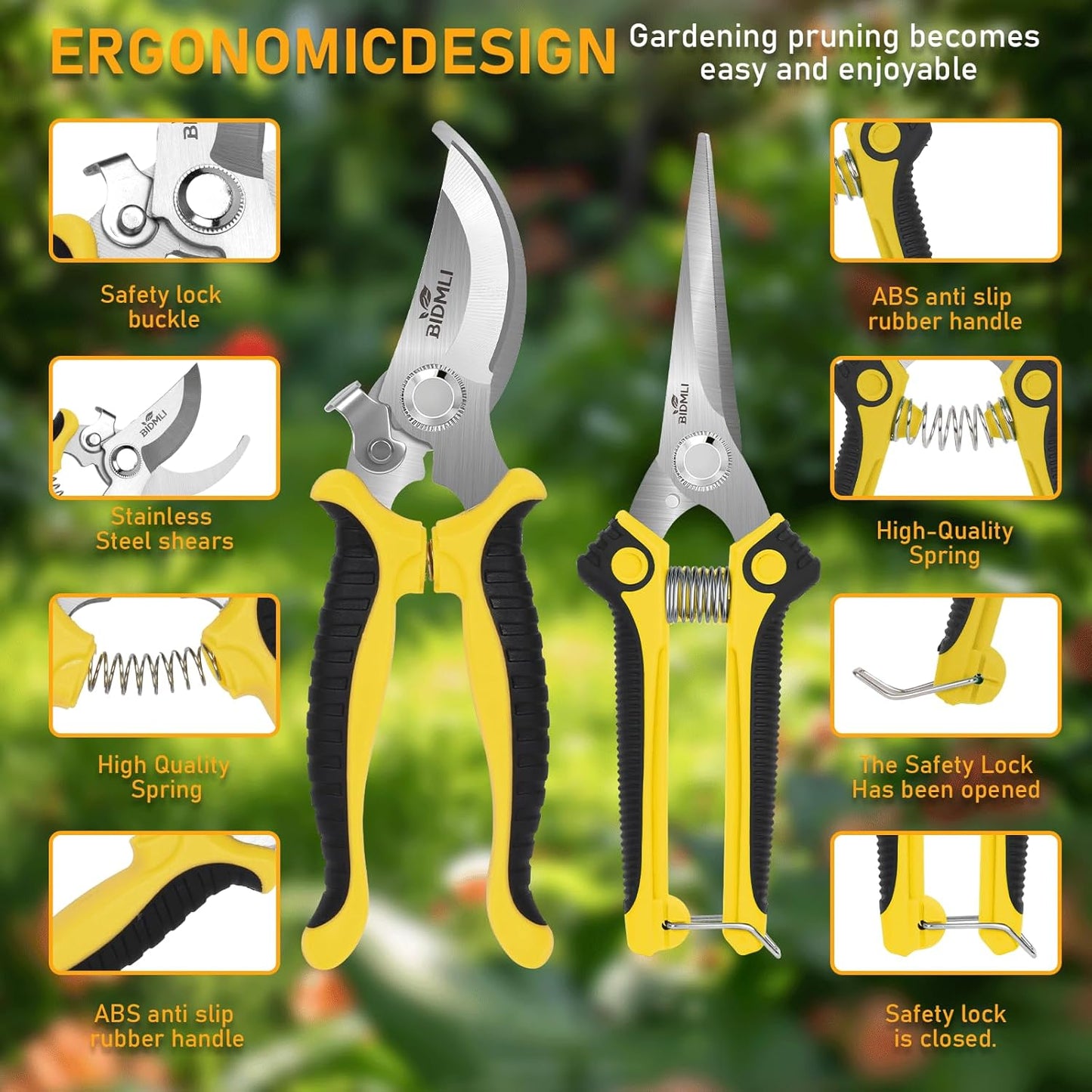 4-Pack Multifunctional Garden Scissors Set-Yellow-BIDMLI Stainless Steel Pruning &Floral Shears with One-Piece Handle Blades Tree Pruning, Flower Trimming, Fruit Picking Tasks Home&Garden Tool.