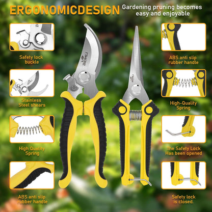 4-Pack Multifunctional Garden Scissors Set-Yellow-BIDMLI Stainless Steel Pruning &Floral Shears with One-Piece Handle Blades Tree Pruning, Flower Trimming, Fruit Picking Tasks Home&Garden Tool.