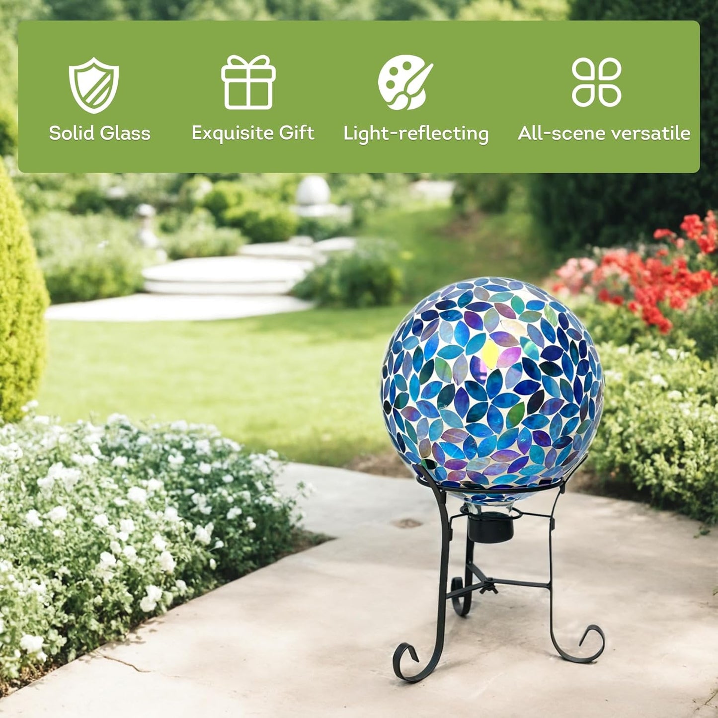 Lily's Home 10" Mosaic Gazing Ball for The Garden, Patio, and Courtyard. Indoor/Outdoor Glass Gazing Globe Yard Decoration. Vibrant Colores and Ideal Lawn décor and Gift.