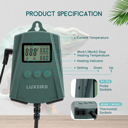 Luxbird Reptile Heating Pad 8x12 Inch with Dual Output Reptile Thermostat LB-2SC Combo Set Under Tank Terrarium Heating Mat for Turtles, Lizards, Frogs, and Other Reptiles