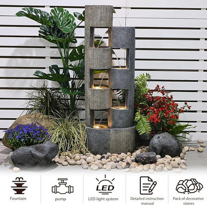 51" Outdoor Water Fountain Waterfall Fountain Outdoor Garden Water Feature Durable Resin Fiberglass with LED Lights, Pump, Natural Stones for Garden, Living Room, Patio