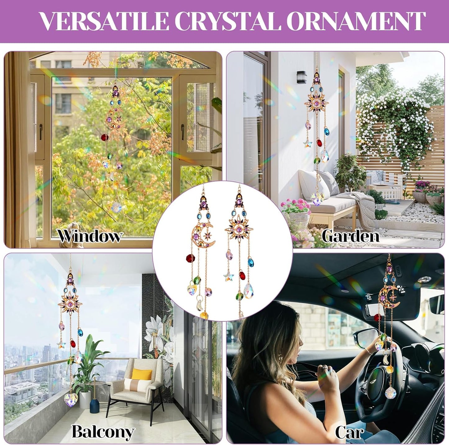 2 Pcs Crystal Hanging Ornaments, Sun & Moon Crystal Suncatcher, Hanging Crystals for Decoration, Window Ornament, Home Decoration, Ideal Gift