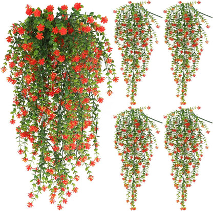 SJL Fall Artificial Hanging Plant Fall Faux Eucalyptus Leaf Fake Hanging Vines UV Resistant Fake Mums for Outdoors Faux Autumn Plants for Home Indoor Outdoor Thanksgiving Decor (Orange)