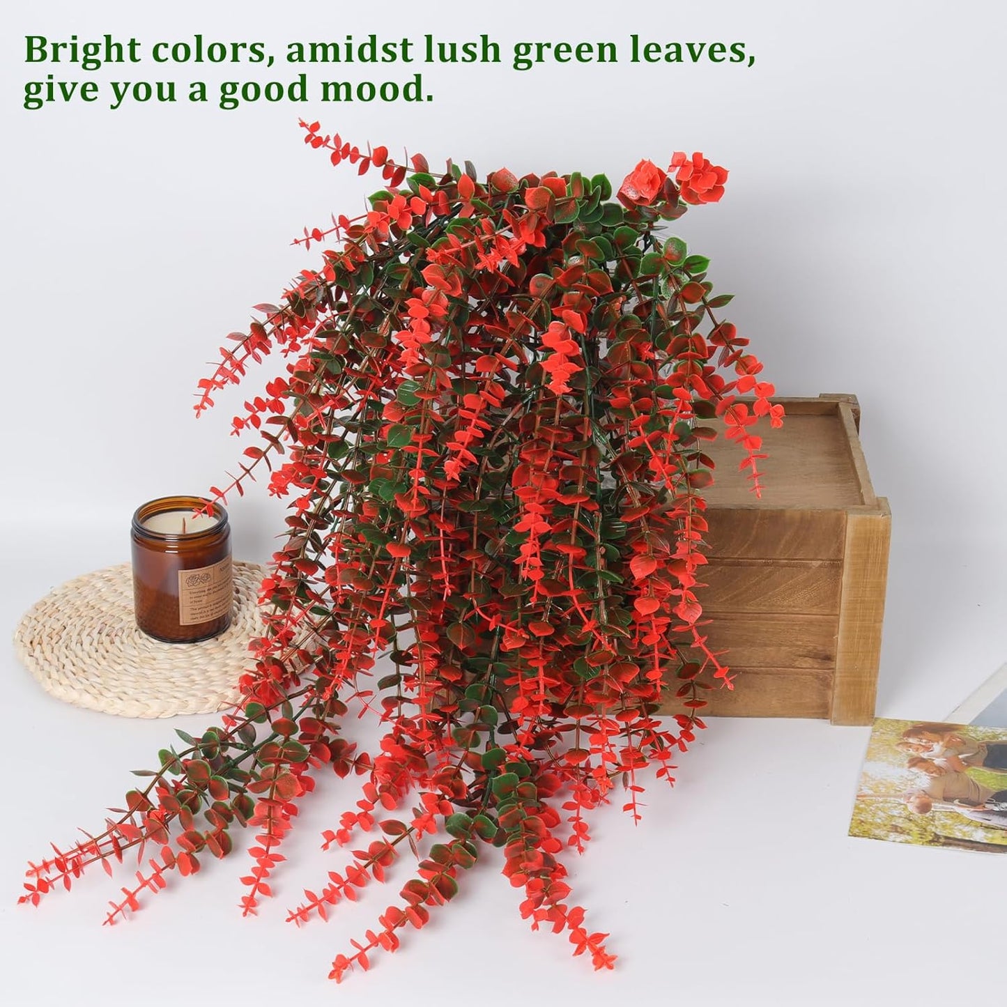 RECUTMS Artificial Monkey Hanging Plant Fake Artificial Eucalyptus Leaf Plants Faux UV Resistant Artificial Plants for Indoor Wall Room Decoration Home Backgarden Yard Porch Outdoor Decor(Orange)