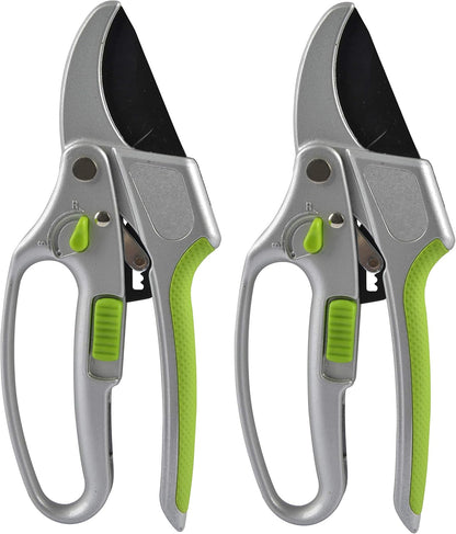 Garden Guru 2 in 1 Ratchet Pruning Shears Clippers – 4X Cutting Power – Ratcheting Garden Anvil Pruners Scissors - Ergonomic Grip - Makes Tough Cuts Easy - Great for Seniors & Arthritic Hands (2 Pack)