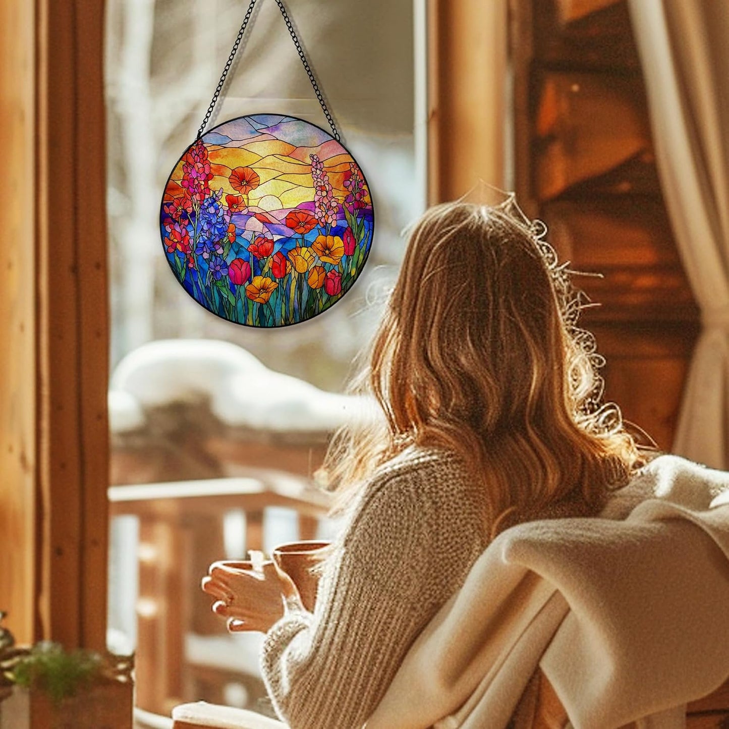 Sunset Flower Suncatcher Stained Glass Window Hanging, Cottagecore Wildflower Sun Catchers Indoor Window Glass Round Wall Decor, Floral Sunset Sunshine Wall Art Hanging Decorations, ＂7.8x7.8＂