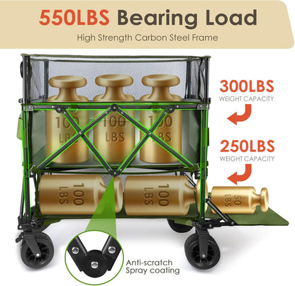 HOPERAN 550L XXL Wagons Carts Foldable, 54" Extra Length & Height Double Deck Collapsible Wagon Cart with Tailgate, 8" Big All-Terrain Wheels, 550lbs Load Utility Grocery Cart for Camping,Sports,Beach