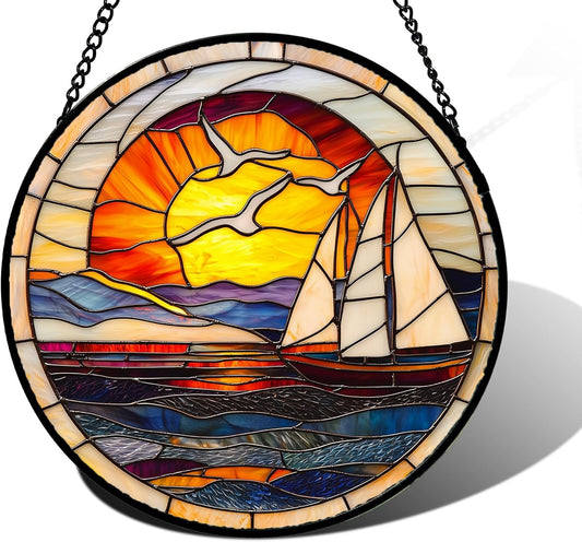 Stained Glass Window Hanging, Sun Ocean Sailboat Seagull Abstract Suncatcher Diamond Glass Panel