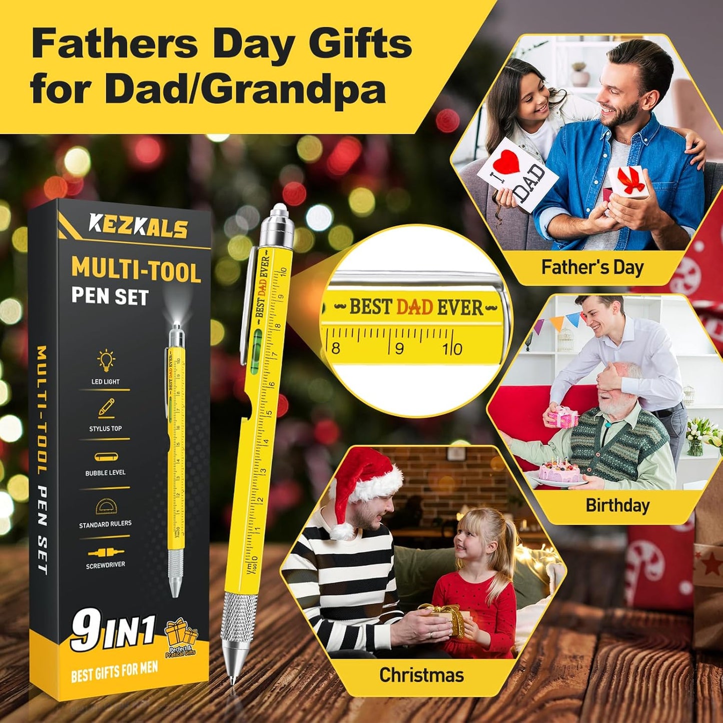 KEZKALS Gifts for Dad, 9 in 1 Multitool Pen Gifts for Men, Mens Stocking Stuffers for Adults, Mens Gifts for Him Grandpa, Personalized Dad Gifts for Men, Christmas Gifts for Men's Who Have Everything
