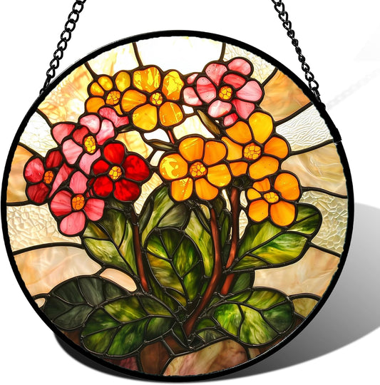 Stained Glass Window Hanging, Yellow Red Flowers Sun Catcher for Window Door Home Decor Green Plant