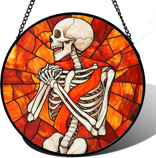 Stained Glass Window Hanging - Halloween Decorations Fear Skeleton Suncatcher for Doors Garden