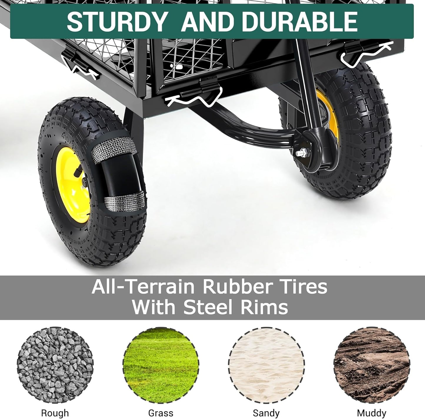 Heavy Duty Garden Cart On Wheels - 880LBS Metal Wagon with 10" Pneumatic Wheels, 180° Rotating Handle & Removable Sides - All-Terrain Yard Wagon for Farm, Beach & Outdoor Use