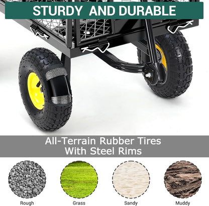 Heavy Duty Garden Cart On Wheels - 550LBS Metal Wagon with 10" Pneumatic Wheels, 180° Rotating Handle & Removable Sides - All-Terrain Yard Wagon for Farm, Beach & Outdoor Use
