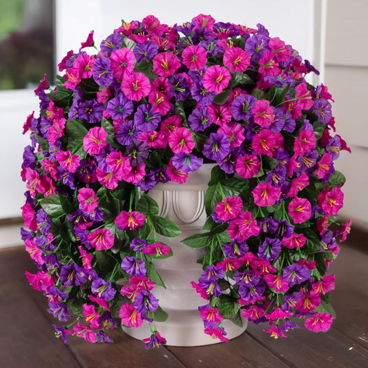 HyeFlora Artificial Fake Hanging Flowers Plants for Outdoor Outside, 2PCS Faux Silk Morning Glory