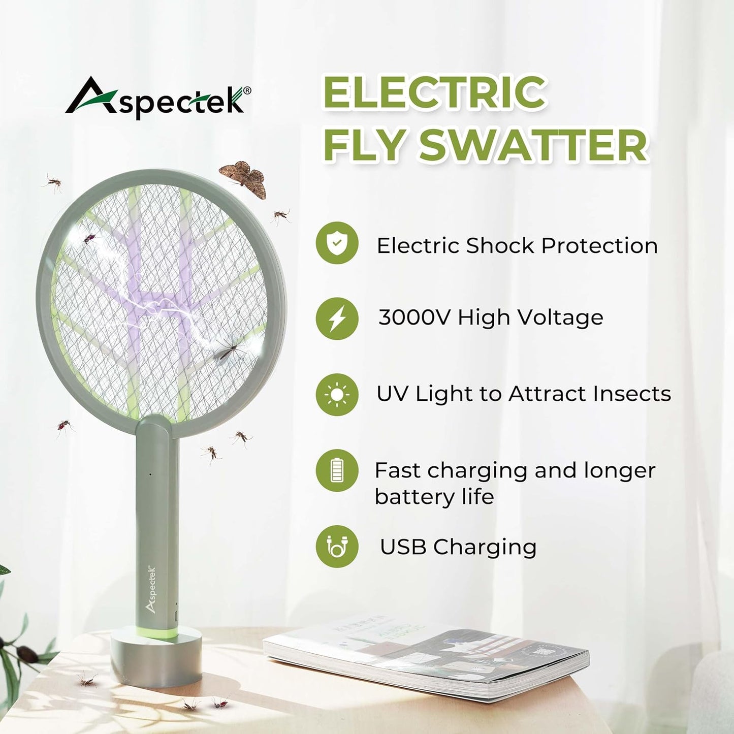 Aspectek 3000V Electric Fly Swatter for Indoor and Outdoor Use, Portable, Rechargeable Bug Zapper Racket with Improved Battery Life, USB Charging Cable, Wall Bracket, White -Green