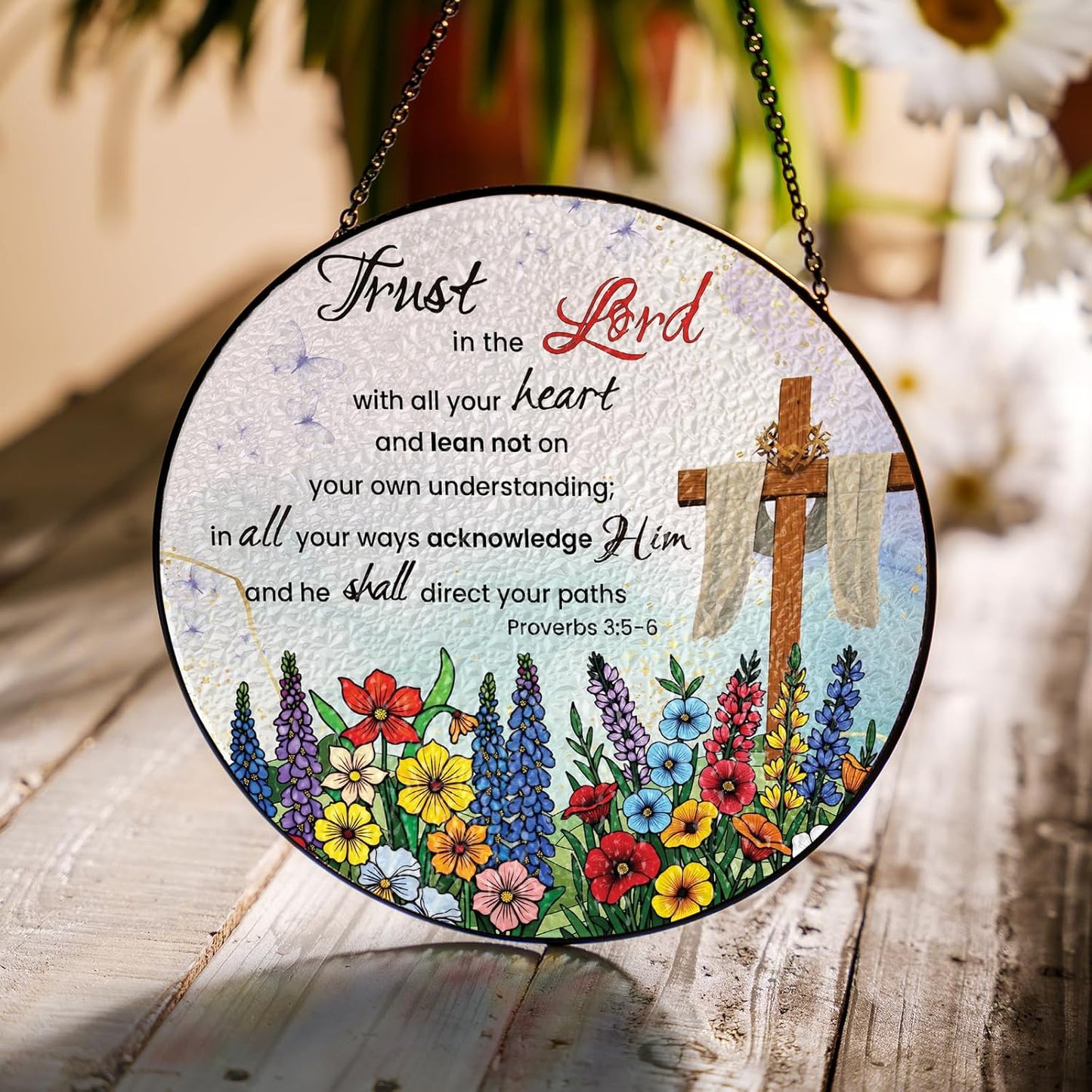 Christian Stained Glass Suncatcher Crystal Trust in The Lord Proverbs 3:5-6 Scripture Sun Catcher Window Hanging, Faith Inspired Religious Gift for Women