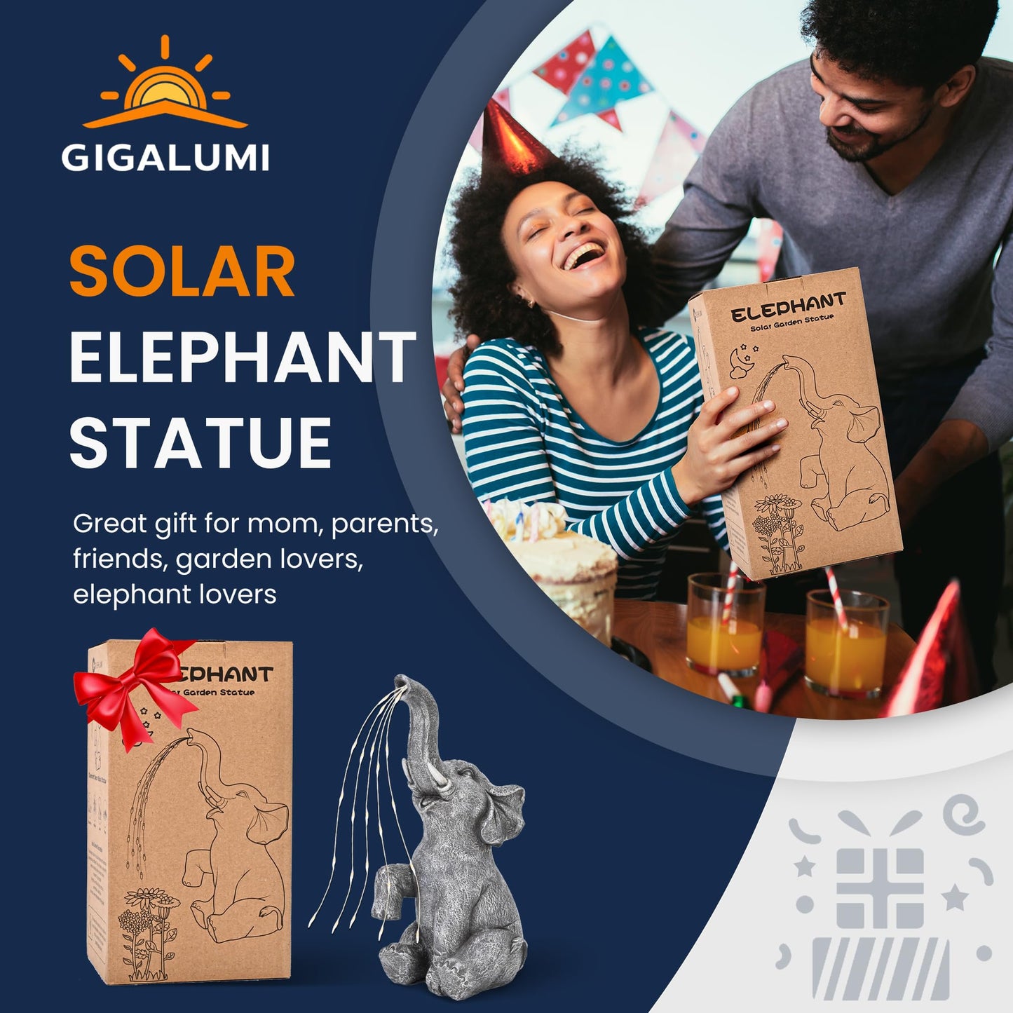 GIGALUMI Elephant Statue Solar Garden Yard Decor Outdoor Gifts for Women