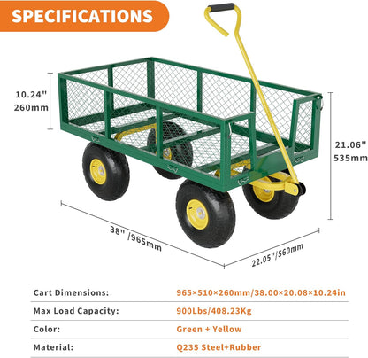Metal Wagon - 900lbs Garden Cart with 10" Multi-Terrain Tires, 4 Removable Mesh Sides & 180° Swivel Handle, Yard Wagon Cart for Lawn, Yard, Patio Gardening