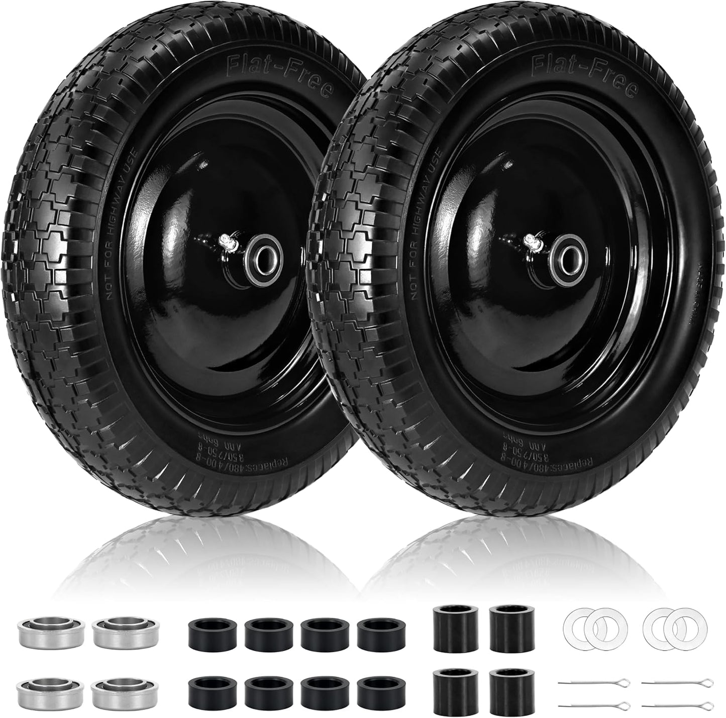 2 PCS 4.80/4.00-8 Flat Free Tire and Wheel, 14.5 Solid Wheelbarrow Tires, 5/8" 3/4" Bearings，3"-7" Centered Hub for Hand Truck, Garden Cart, Universal Fit 4.80/4.00-8, 3.50/3.00-8 4.00-6 etc