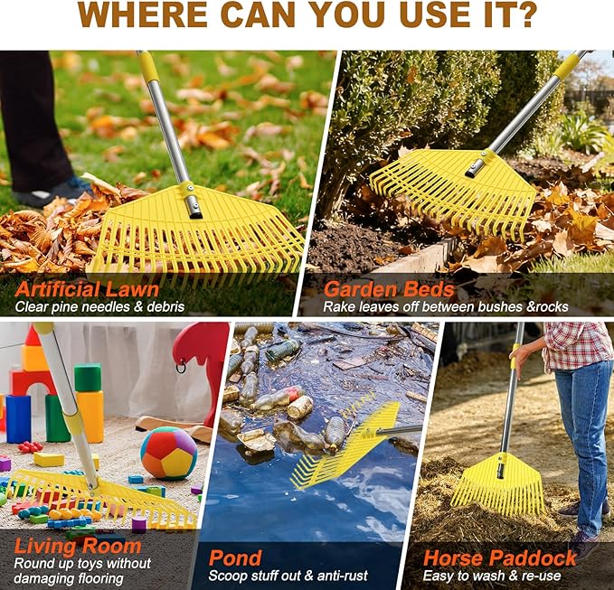 Garden Rake for Leaves - Extra Wide 18" Leaf Rake,Lightweight Long Handle for Women Seniors Kids Effortless Clean-Up,23 Non-Clog Flexible Tines for Lawn-Friendly,51” Adjustable Plastic Rakes for Yard