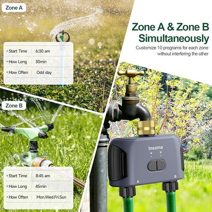 WiFi Water Timer Brass Inlet, 2 Zones Sprinkler Timer for Garden Hose, APP Remote Control Hose Timer with Wi-Fi Hub, Voice Control with Alexa, Rain Delay and Manual Mode for Yard Lawn Watering
